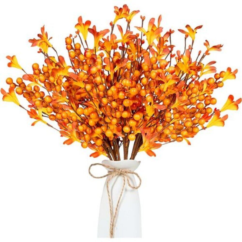 8pcs artificial fall flowers orange berry stems thanksgiving autumn vase centerp